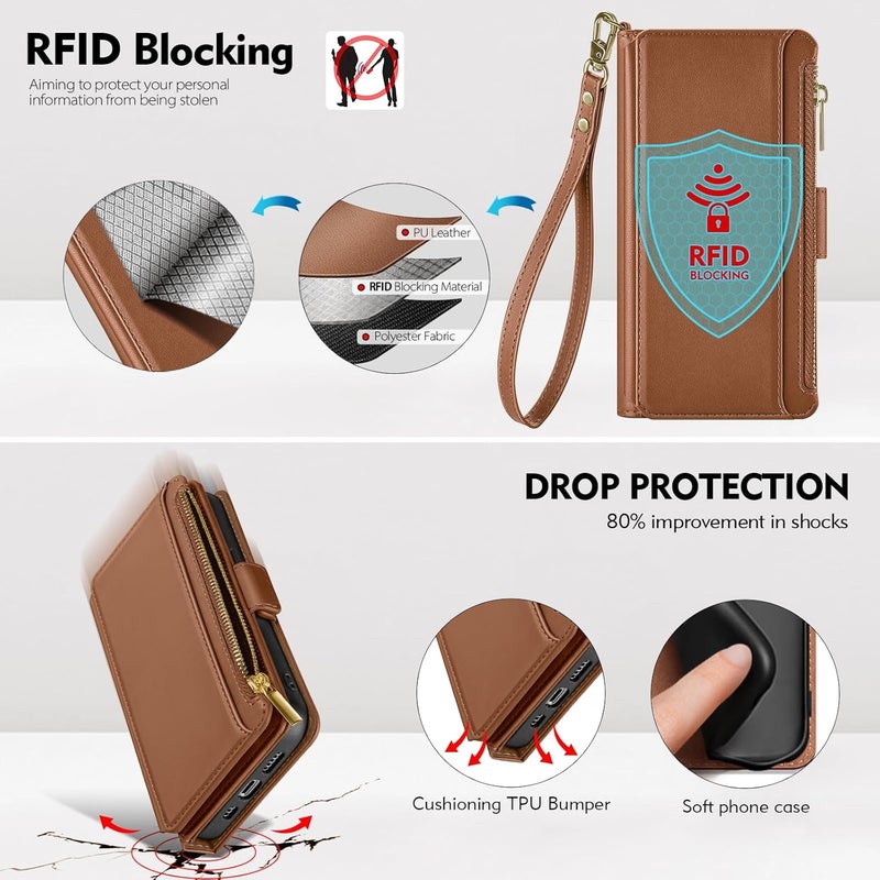 Antsturdy Compatible with iPhone 16 Pro Max Wallet Case,RFID Blocking PU Leather Phone Case Women Men Kickstand flip Cover Wrist Strap Zipper Credit Card Holder Slots for Apple 16 ProMax,Light Brown - Image 5